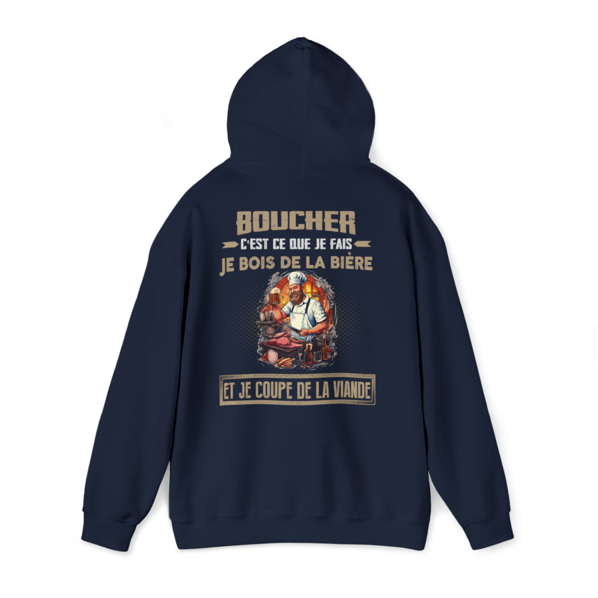 Boucher bois de la bière et coupe de la viande