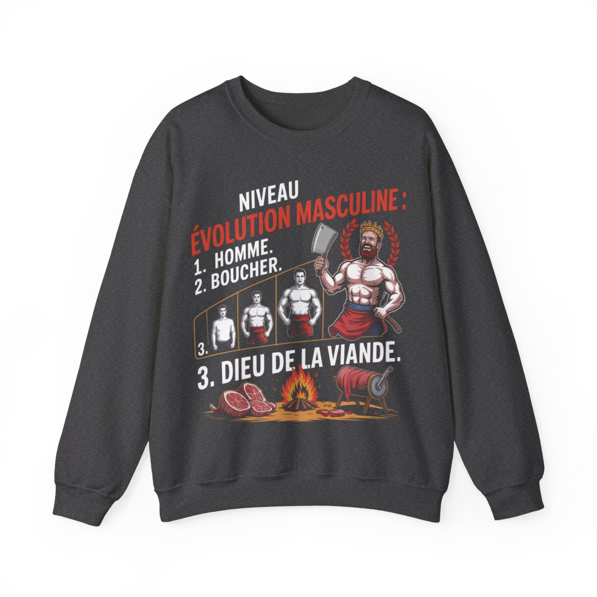 Niveau évolution masculine : 1. Homme. 2. Boucher. 3. Dieu de la viande.