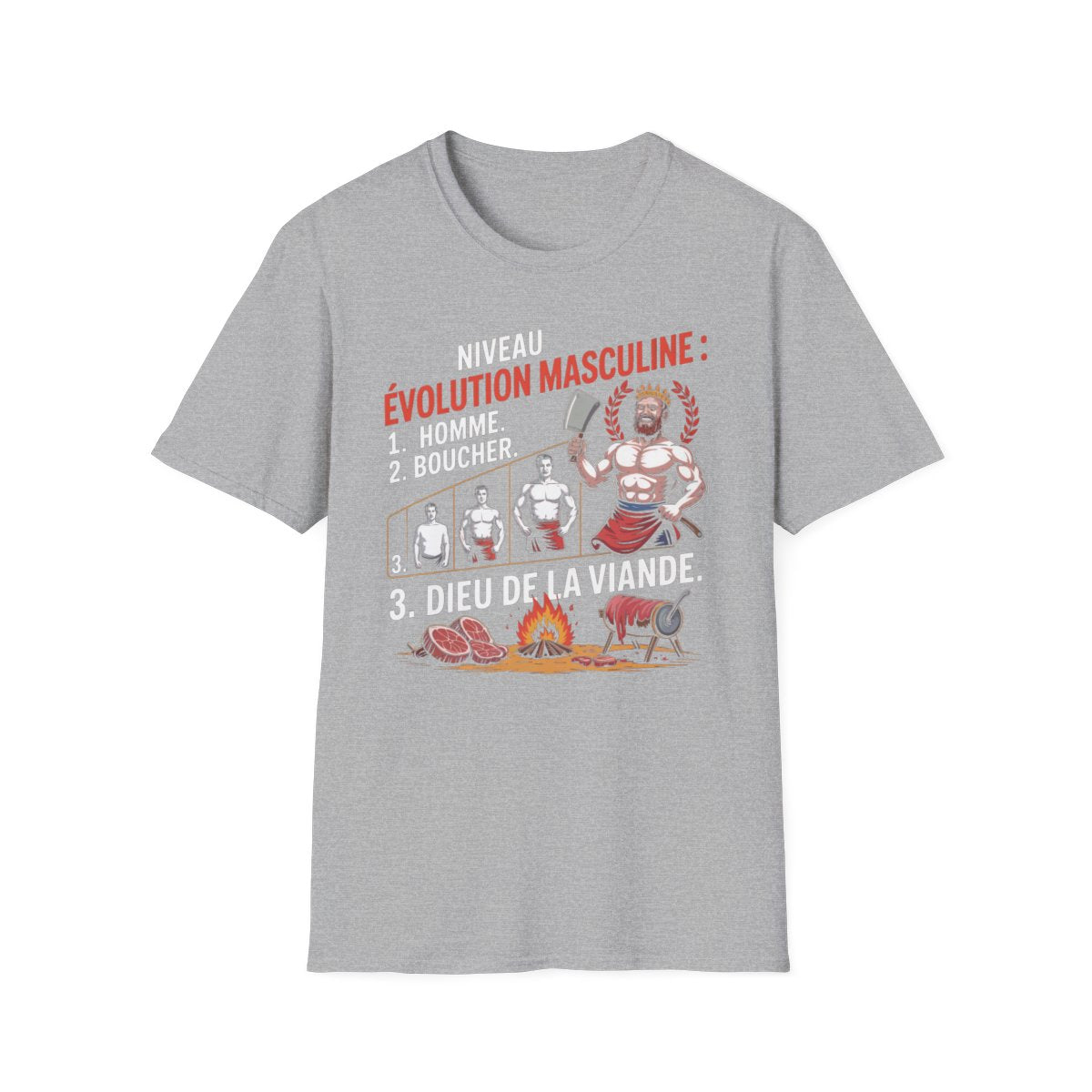 Niveau évolution masculine : 1. Homme. 2. Boucher. 3. Dieu de la viande.