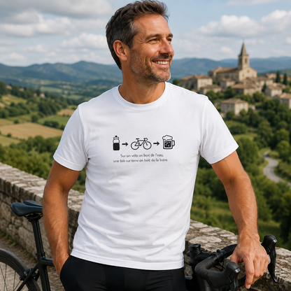 Sur un vélo on boit de l'eau, une fois sur terre on boit de la bière.
