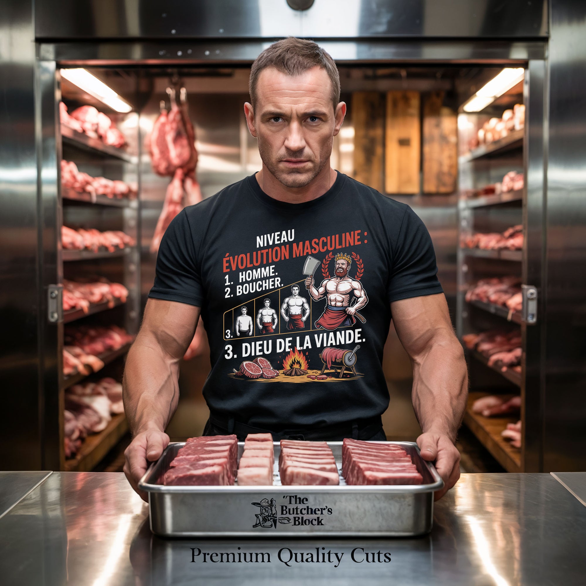Niveau évolution masculine : 1. Homme. 2. Boucher. 3. Dieu de la viande.