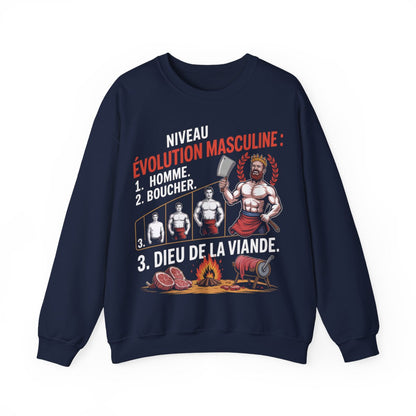 Niveau évolution masculine : 1. Homme. 2. Boucher. 3. Dieu de la viande.