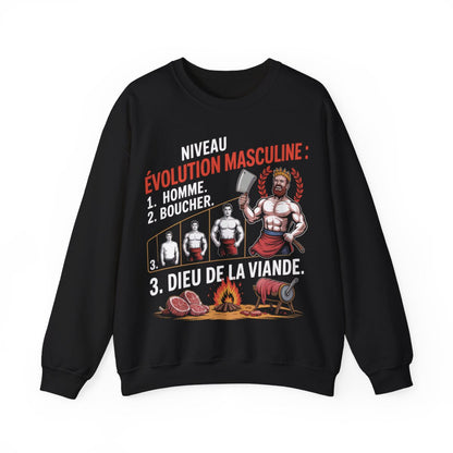 Niveau évolution masculine : 1. Homme. 2. Boucher. 3. Dieu de la viande.