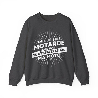 Oui, je suis motarde mais non... tu n'essayeras pas ma moto
