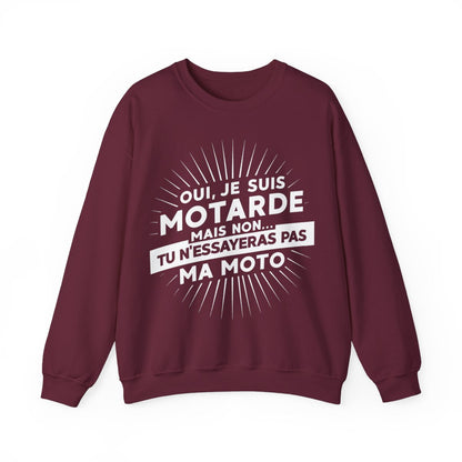 Oui, je suis motarde mais non... tu n'essayeras pas ma moto