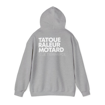 Hoodie gris sport — Tatoué Râleur Motard, dos
