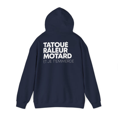 Hoodie bleu marine — Tatoué Râleur Motard, dos